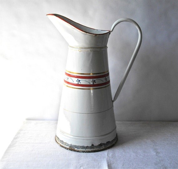 French Antique Tall Enamel Water Pitcher by myfrenchycottage