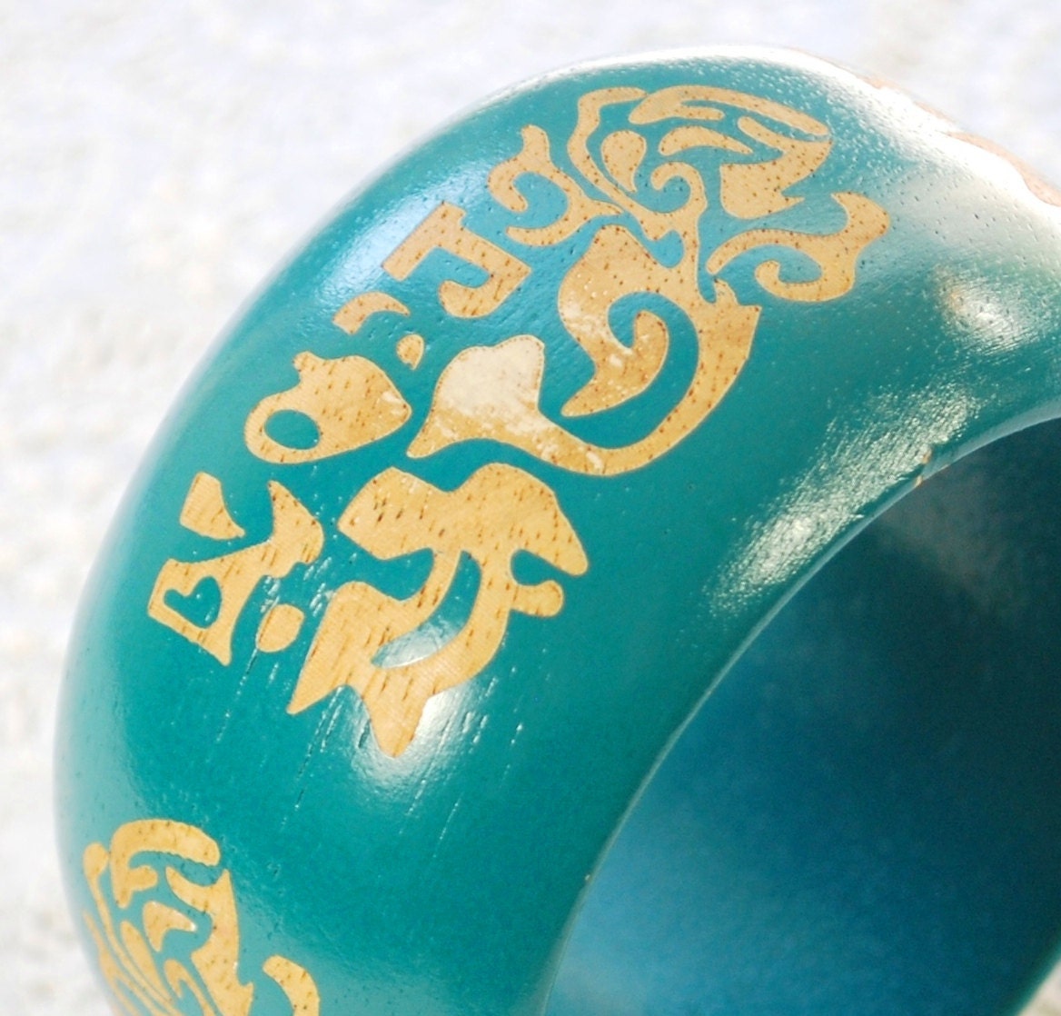 Vintage Bangle Bracelet, Turquoise / Teal Blue Painted Wood, Tribal Floral Carving, HUGE Chunky Wide, 1970s Hippie Boho Chic Jewelry