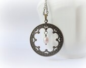 Boronia Brass - Romantic necklace Antique brass art deco pendant soft pink freshwater pearl Gift for her
