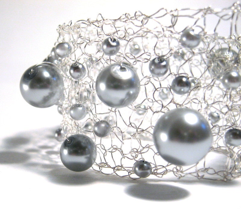 Silver Grey Bubble Bracelet, Knitted Wire Cuff, Statement Jewelry,