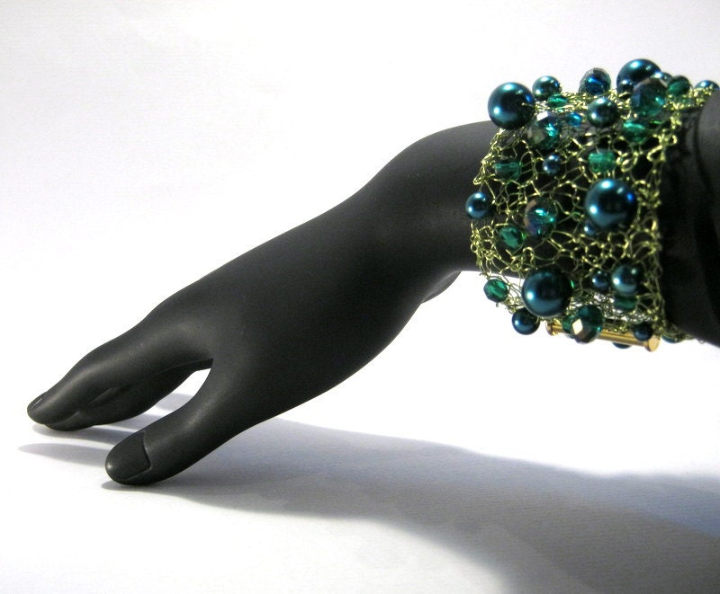 Teal Green Bracelet, Knitted Wire Bracelet, Beaded Jewelry, Teal and Emerald Greens