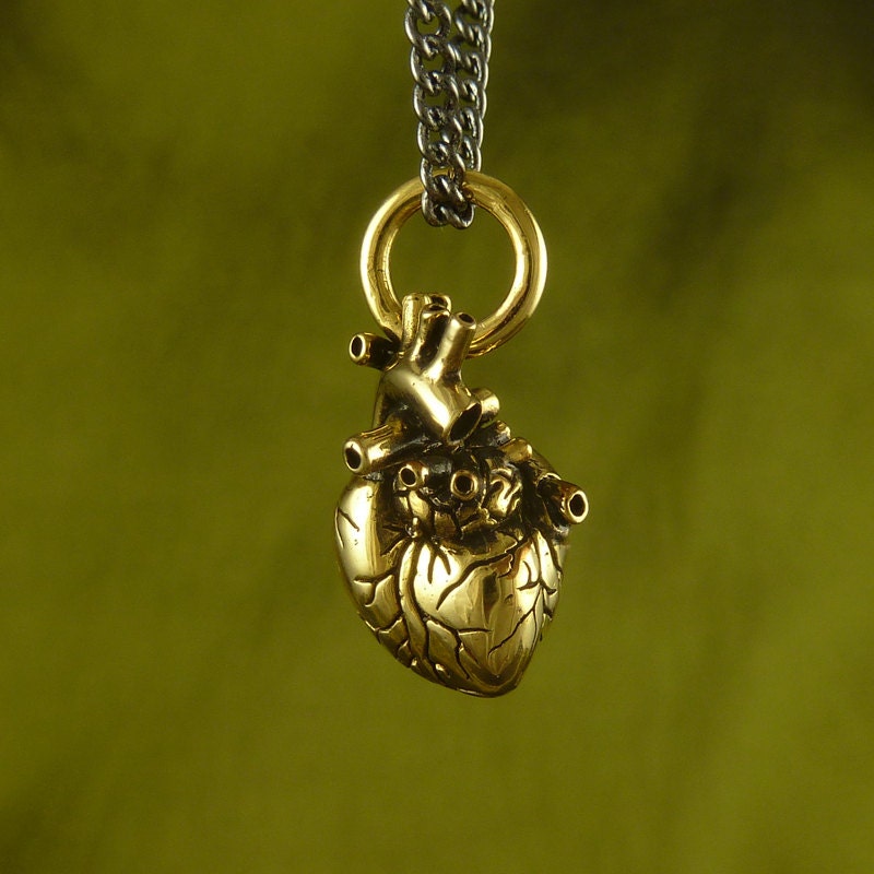 Gold Heart Necklace - Small 24 Karat Gold Plated Anatomical Heart Pendant on 24" Gunmetal Chain - Heart of Gold