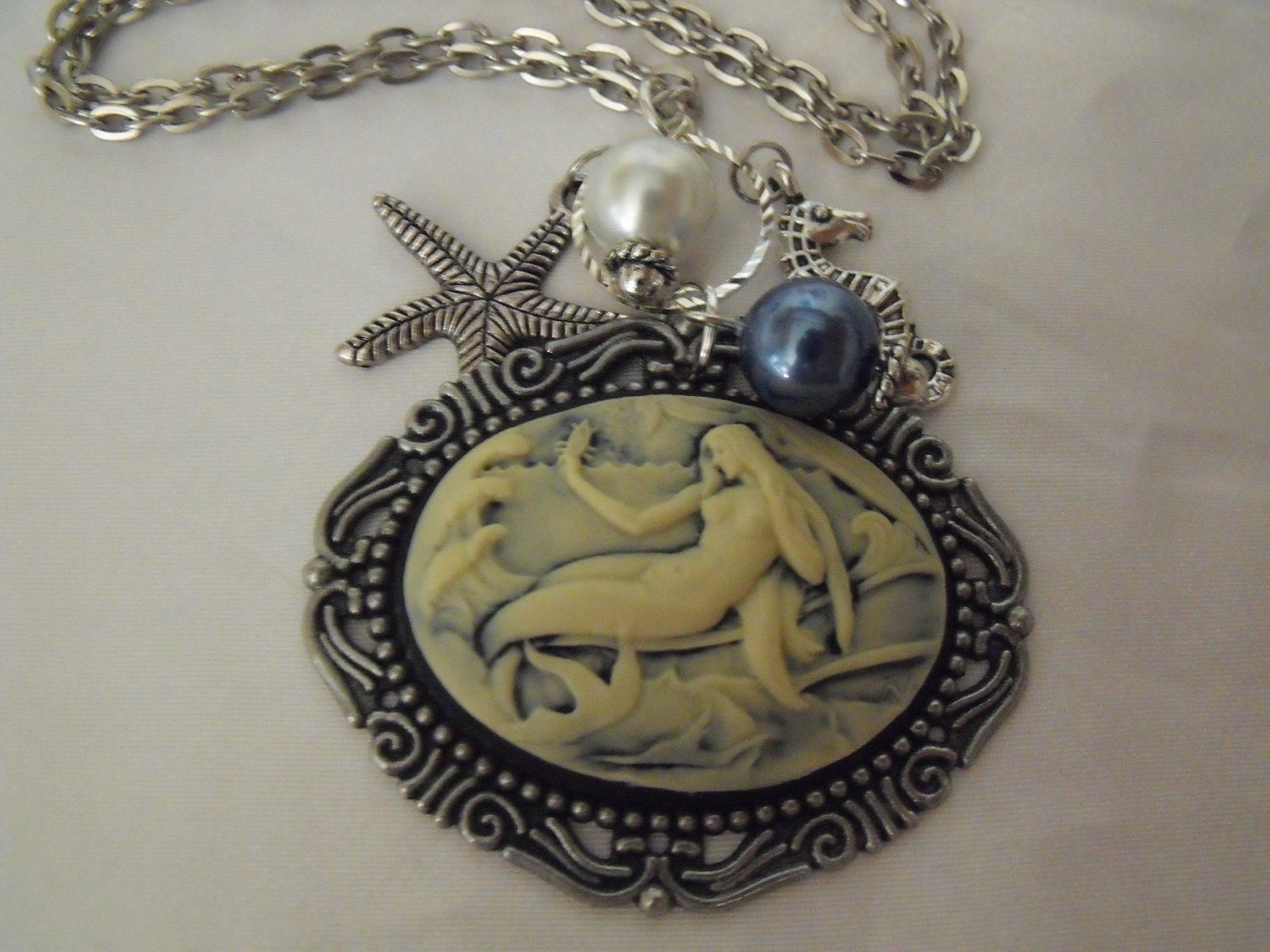 Mermaid Cameo Necklace Nautical Womens with Pearls and Charms