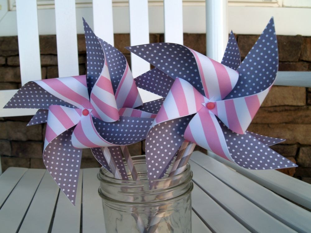 Pink and Gray Pinwheels on Paper Straws set of 4 Il_170x135