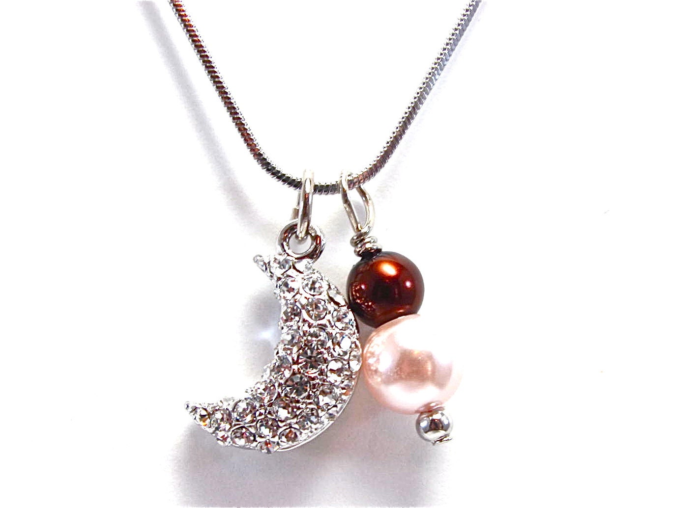 Silver Crystal Crescent Necklace - Pink and Brown Beaded Sorority Necklace - Half Moon - Celestial - Space - Greek Jewelry