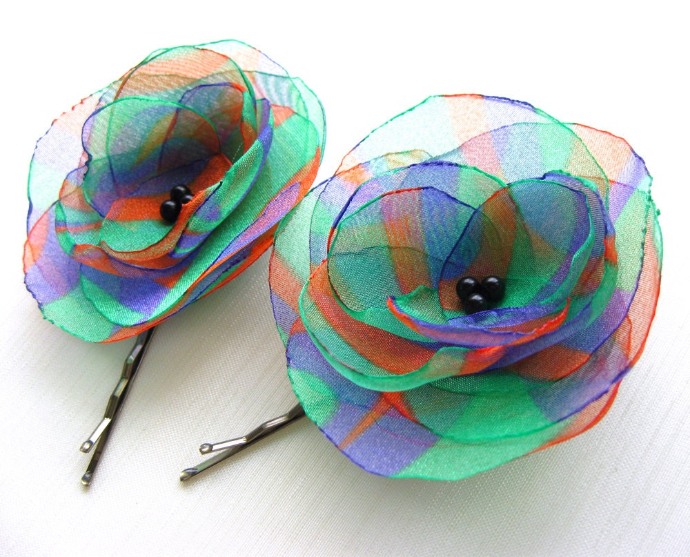 Rainbow Flower Bobby Pin Set Orange Blue Green Organza Flowers