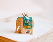 Ornate Little Elephant Charm or Pendant - Wooden Small Figure in Green - Souvenir from Thailand
