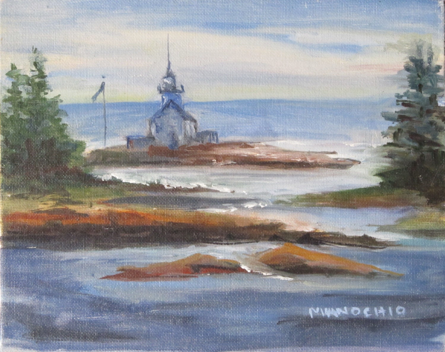 Original Oil Painting of Newagen Lighthouse in Maine Original Oil Painting of Newagen Lighthouse in Maine