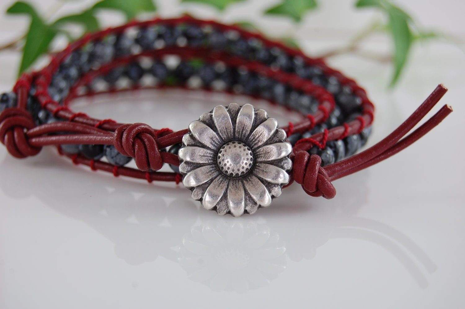 Chan Luu inspired, maroon leather wrap, snowflake obsidian and silver bracelet