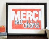 Merci ma chérie - French typography print - hand painted illustration - thank you art card mini print for her