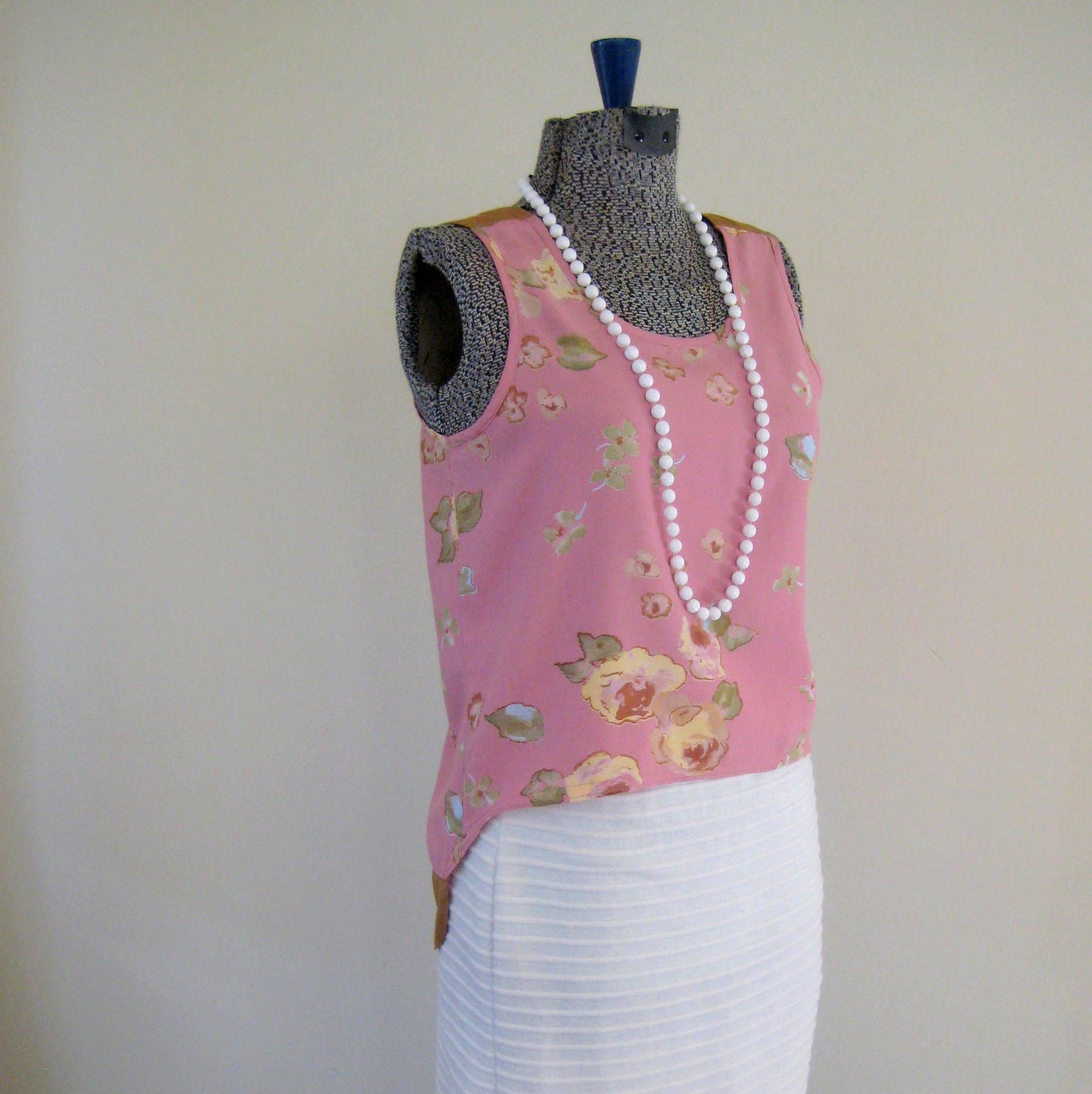 Pink floral high-low tank, size small (upcycled)