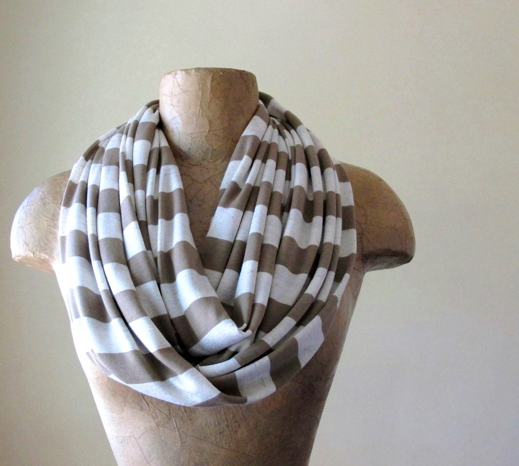 Striped Infinity Scarf - Tan, Ivory, Oatmeal Stripes Loop Scarf - Neutral, Earthy Circle Scarf