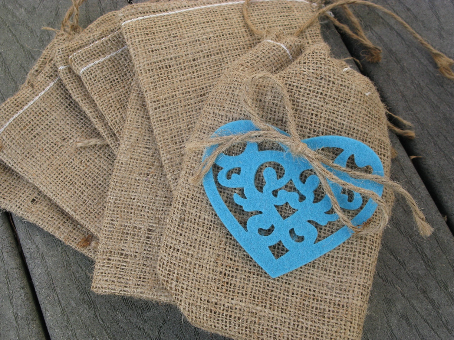 Set of 50 Turquoise Felt Heart on Burlap Bag Wedding Favor / Treat bag / Valentine's Day