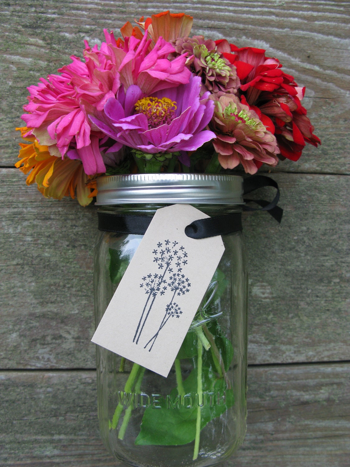 Set of 10 Dandelion Stamped  Kraft Tags with Black Ribbon