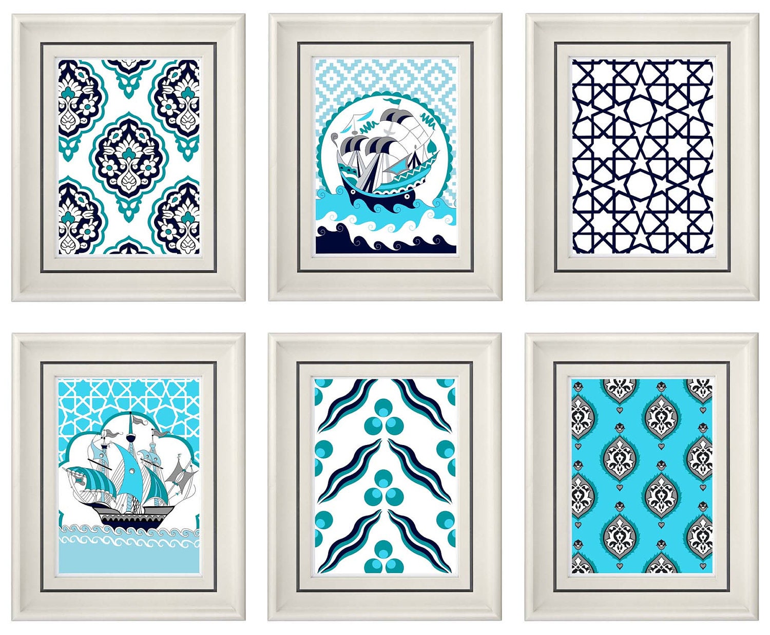 Set of Six Modern Vintage Turquoise Wall Art Print by catsbeads