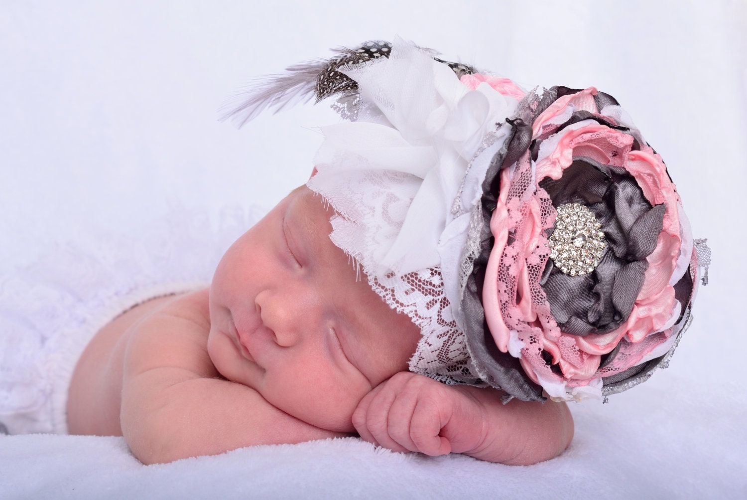 JAYDIE LACE shabby chic Gray and Pink fabric flower feather headband hairpiece