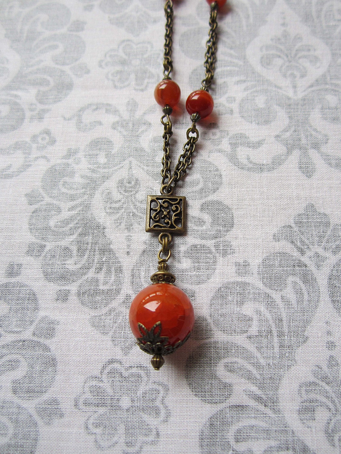 Vintage Styled Cracked and Banded Red Agate in Antiqued Brass