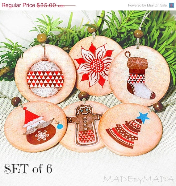 SALE Christmas Ornaments set of 6 - Round Circle Double sided - decoupage 5cm - 2' - MADEbyMADA