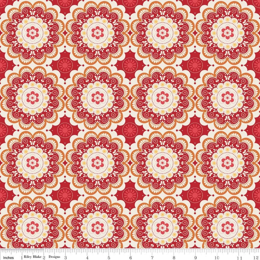 LAMINATED coated fabric Flutter doily red (aka oilcloth vinyl plastic) yardage (aka oilcloth, slicker)