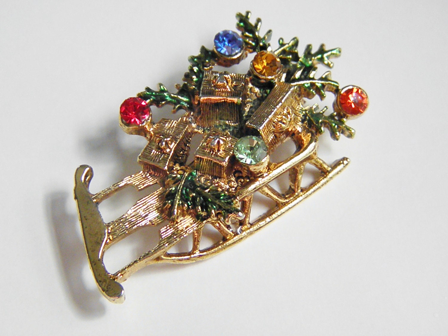 Vintage Santa Sleigh Rhinestone Brooch