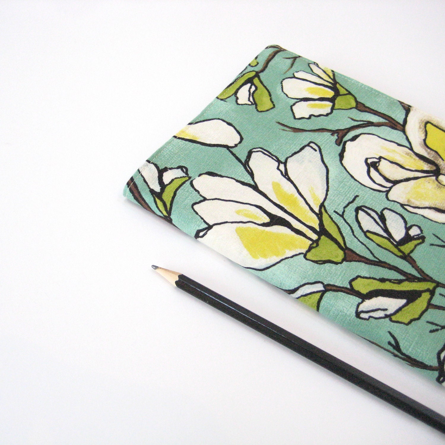 Summer magnolia blossom Notebook with teal yellow white fabric cover, A5 size, cotton anniversary gift idea for her