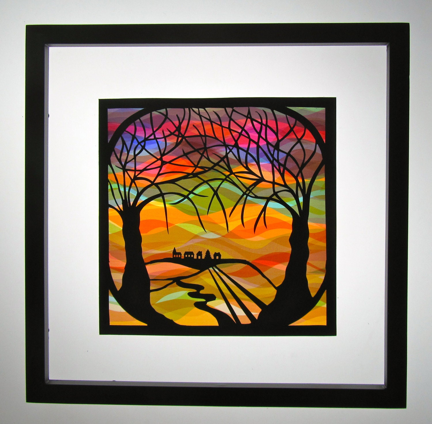 Trees Of Life Home Décor Wall Art Silhouette Paper Cutout, Rainbow Colors in the Background Original Handmade Design Framed & Signed OOAK