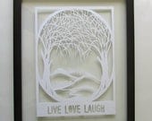 Tree Of Life Silhouette Paper Cutout Live Love Laugh Wall Art and Home Décor ORIGINAL Design SIGNED Symbolic Art Handmade Framed OOAK