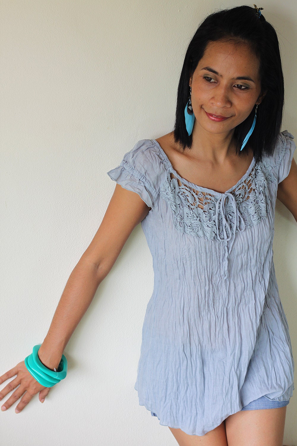 Blue Tunic Top- Stonewashed Cotton Hand Dyed Crochet Dress -  Bohemian Crinkle Dress : A Natural Romantic Collection
