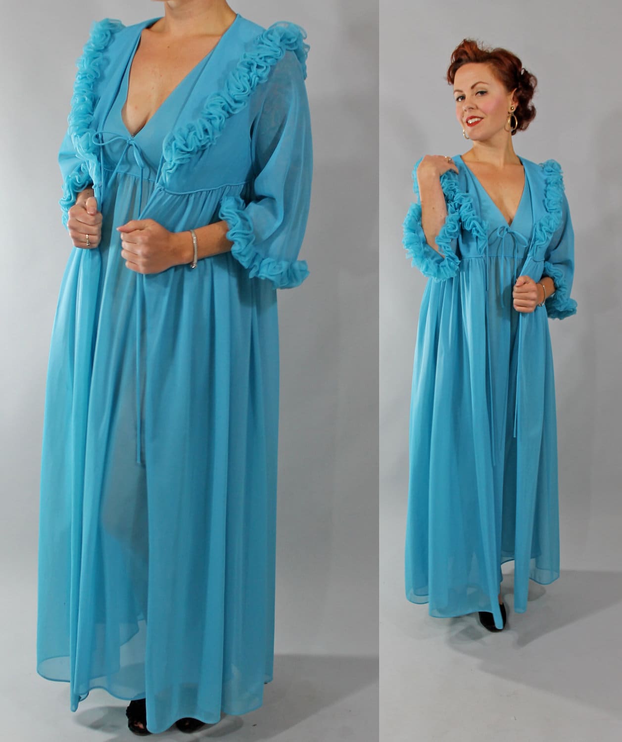 1960s Vintage Peignoir Set Blue Semi Sheer Nylon 60s Empire