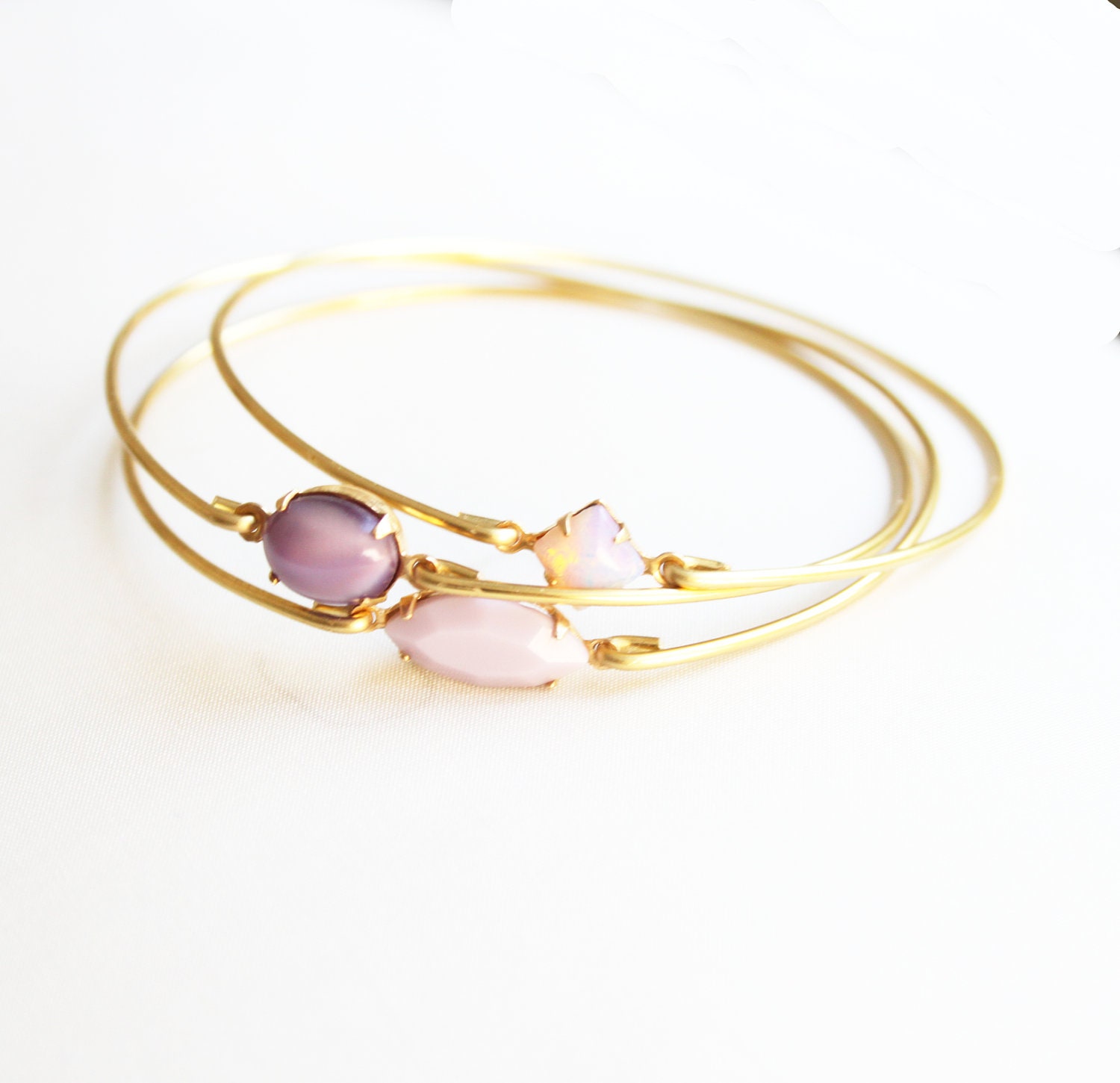 Purples Vintage Bangle Set, Stackable Bracelet Set, Gem Stone Bangles, Stones in Settings Bracelet, Bezel Bangle