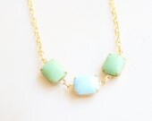 Large Vintage Mint Green and Turquoise Glass Cabochon Necklace, Set Stone Necklace, Colored Stone Necklace