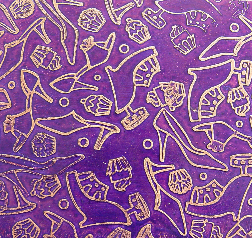 Etched Copper Sheet, Purple High Heels and Cupcakes, 4x2.5 inches, 24g