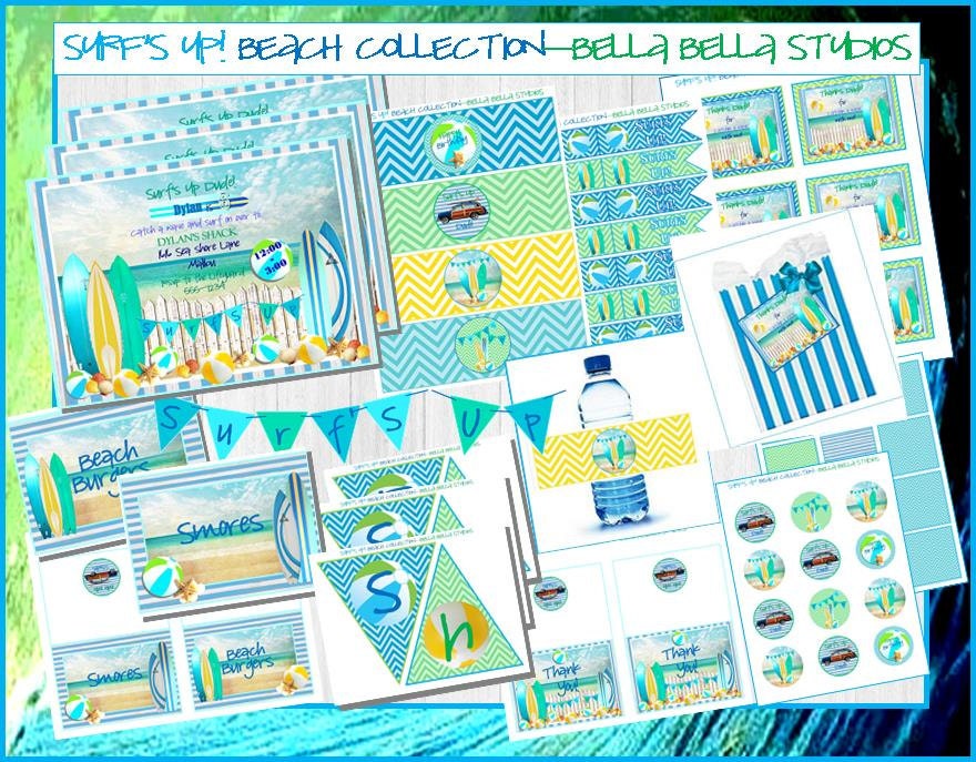 SURF PARTY Printable Collection Summer Pool Beach Party by Bella Bella Studios Il_170x135