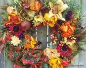 Fall Door Wreath Silk Floral Orange, Green, Golden Yellow Peonies Sunflowers Squash "Orchard Plaid"