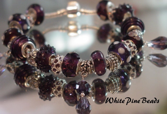 European Style Charm  Bracelet Dark Purple Plum Handmade with Murano Glass Lampwork Bead