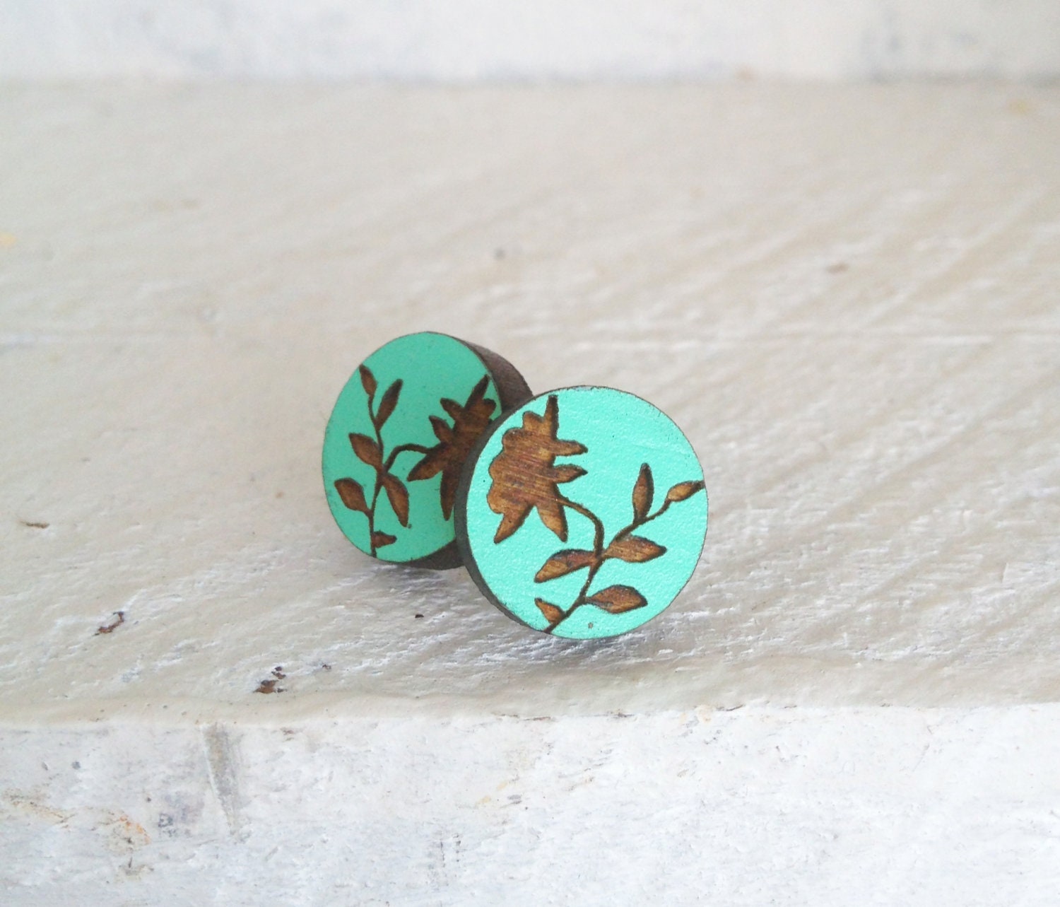 Hand Painted Peony  Wooden Studs in Mint Turquoise - Laser Cut Wood