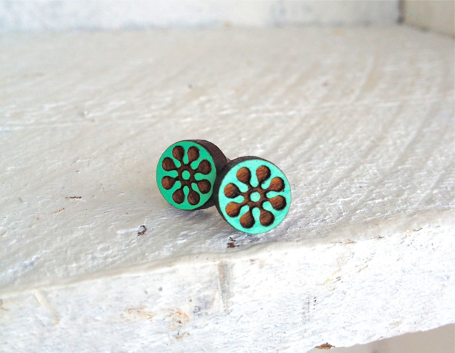 Mini Mod Wooden Studs in Mint Green - Laser Cut Wood Hand Painted 10mm