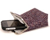 Iphone 5 Case Fabric - Cigarette Case Fabric - 5, 4, 4S, 3GS, Large Cell Phone - Purple with Little Flowers 100% cotton - Silver Frame