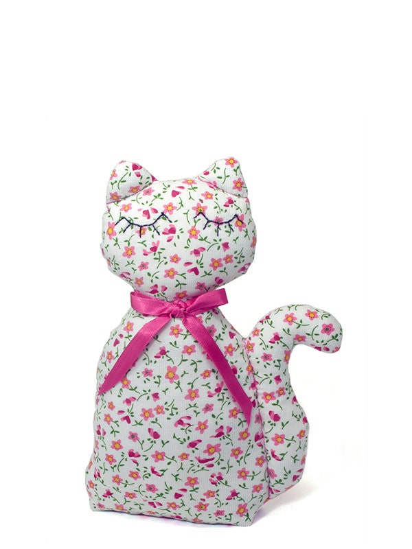 Cat doll - stuffed animal - White cotton with small Pink flowers