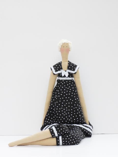 Fabric doll in a classical black white polka dot dress,blonde cloth doll,art doll -cute stuffed doll collectible rag doll - gift for girls - HappyDollsByLesya