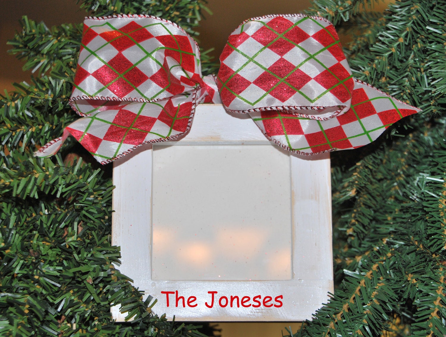 Custom Boutique Personalized Monogrammed Handmade Wooden Christmas Holiday Ornament Picture Frame with Argyle Ribbon Bow