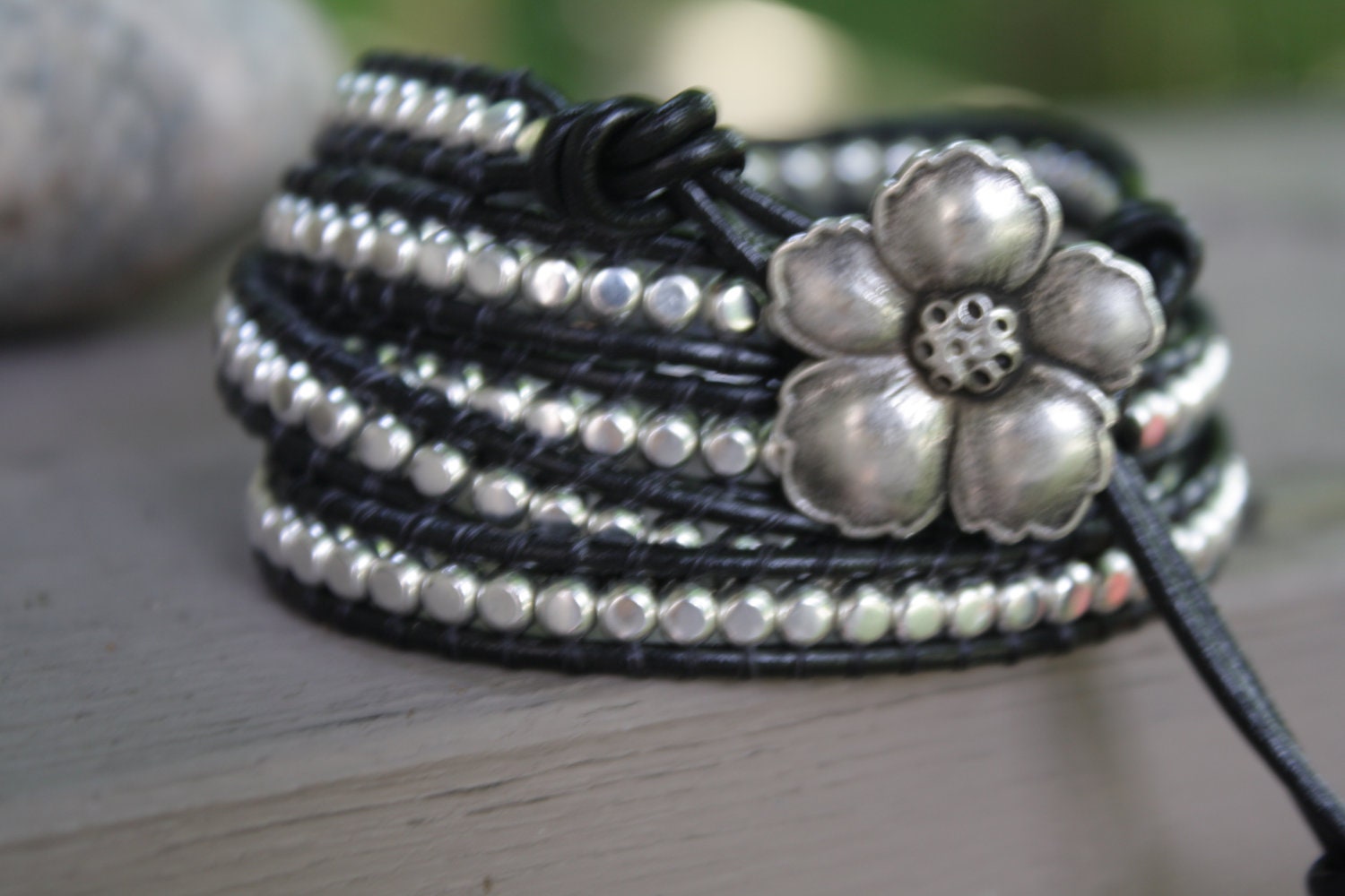 5x Wrap Silver Rounded Cube Beaded Black Leather Wrap Bracelet - Chan Luu Style
