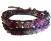 Chan luu inspired beaded leather wrap bracelet .Wrap bracelet.Natural mixed stone on brown leather.