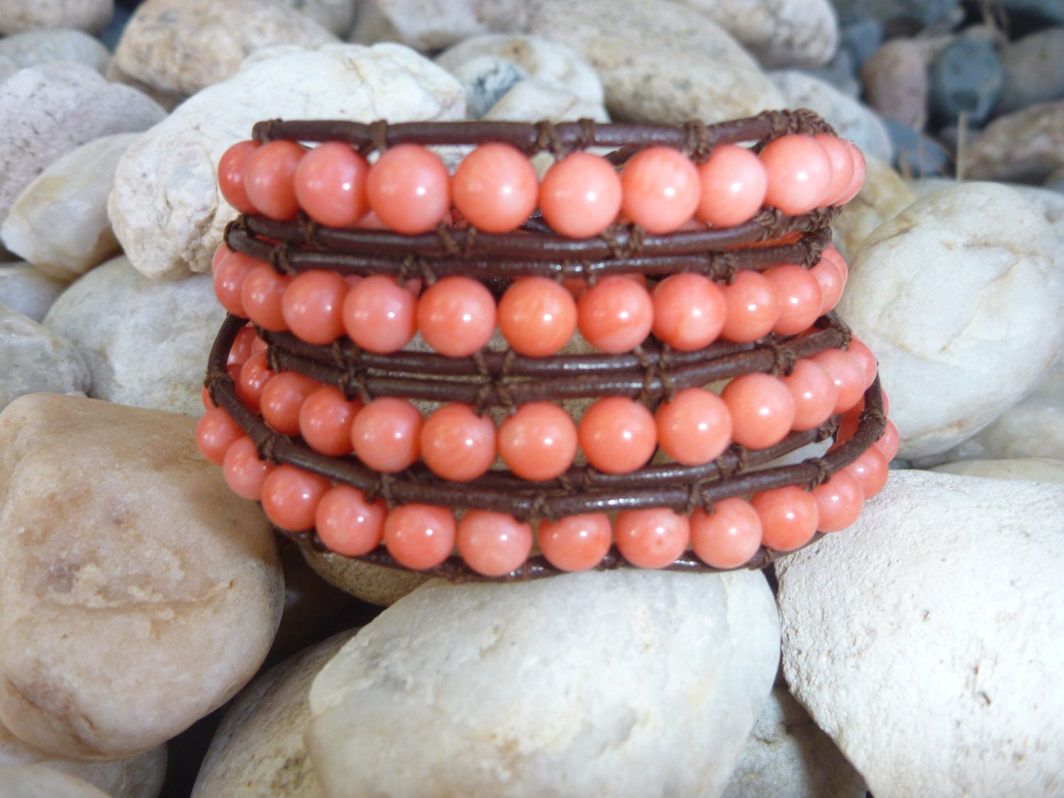 Chan luu inspired beaded leather wrap bracelet .Wrap Bracelet Coral Gemstones on Brown Leather.