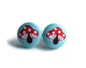 Mushroom Stud Earrings Red White Toadstool Button Earrings Fabric Covered Button