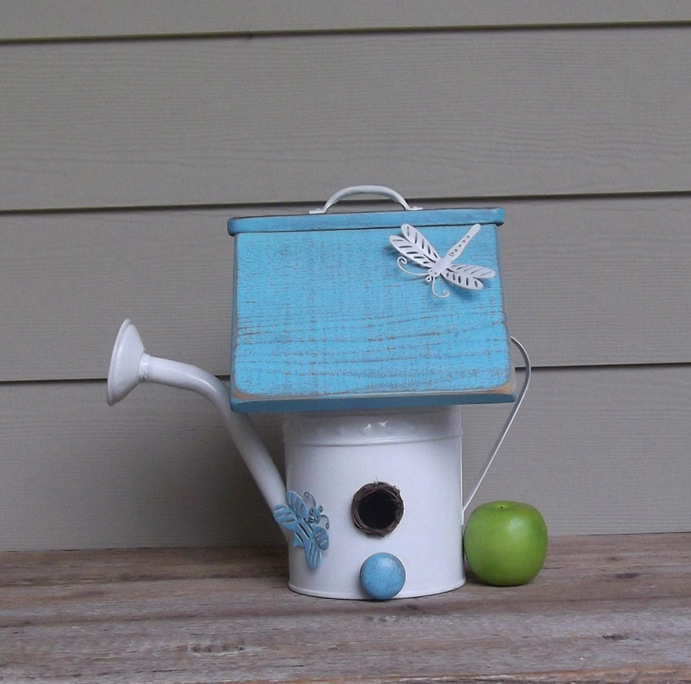 Repurposed Watering Can Birdhouse, Aqua and White Whimsical Birdhouse, OOAK, Decorative or Outdoor Birdhouse, Reclaimed, Recycled