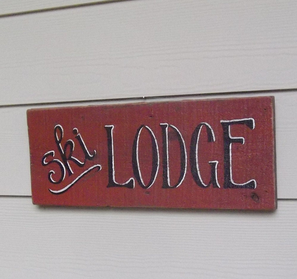 Primitive Rustic Wood Lodge rustic Reclaimed Ski Red  Sign, Sign,  Sign,  lodge Wood sign