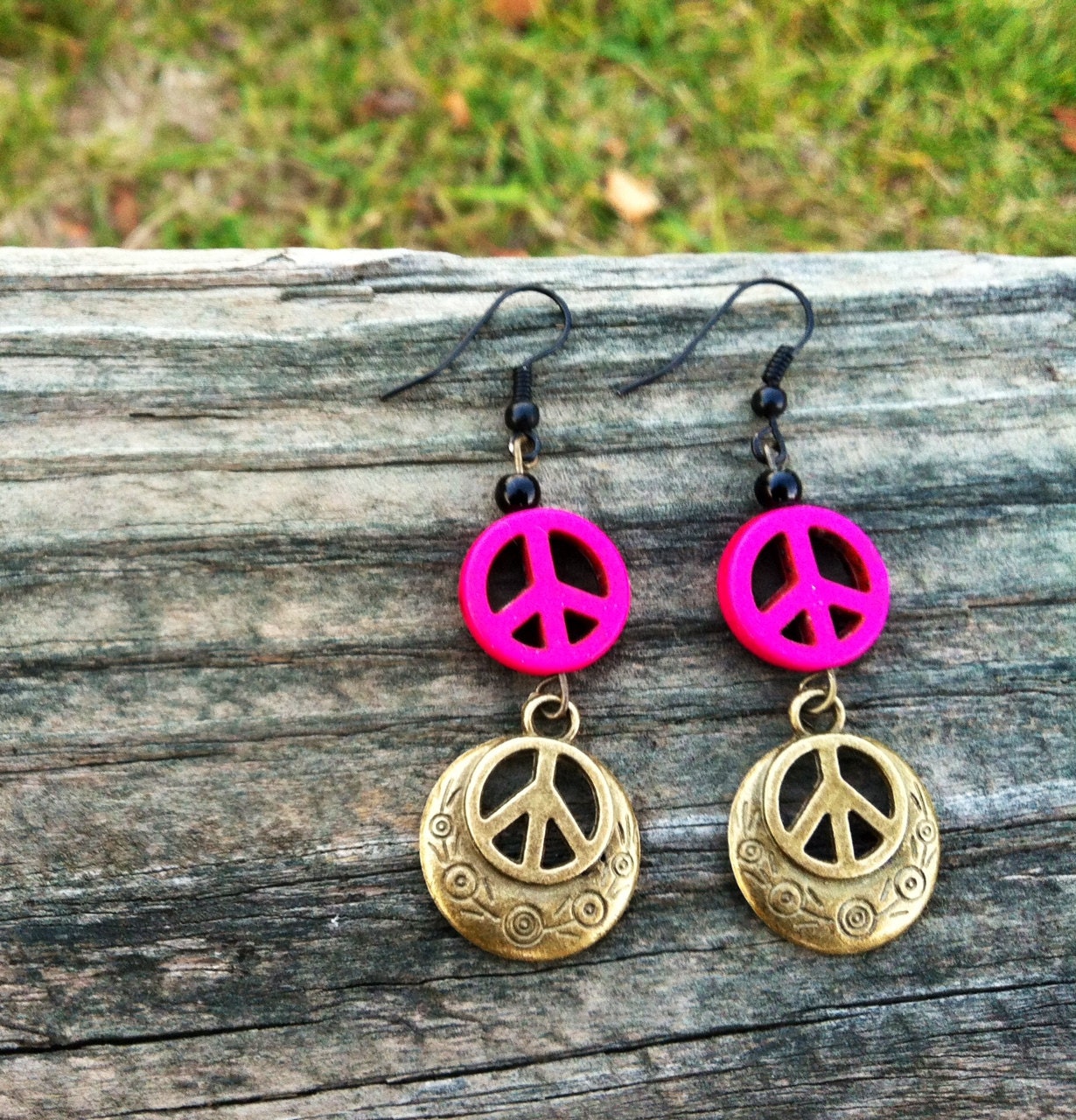 Peace Sign Earrings, Hippie Earrings, Bronze Peace Sign Charms