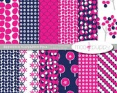 Brewster Navy&HotPink - Digital Scrapbook Paper Pack  -- INSTANT DOWNLOAD