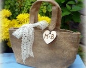 Burlap and Lace Bag Flower Girl Basket Rustic Wedding Decor Personalized Wood Heart Charm